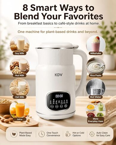 KDV Nut Milk Maker Machine, 8-in-1 Multifunction Soy Milk Maker with Stainless Steel, Homemade Soy, Almond, Oat, Coconut, Plant Based & Non-Dairy Beverages, 24H Delay Start, Keep Warm, Auto Clean in Kuwait