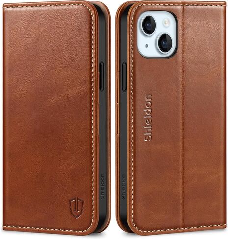 SHIELDON Genuine Leather Case Wallet for iPhone 15 Plus 6.7", Retro Brown in Kuwait