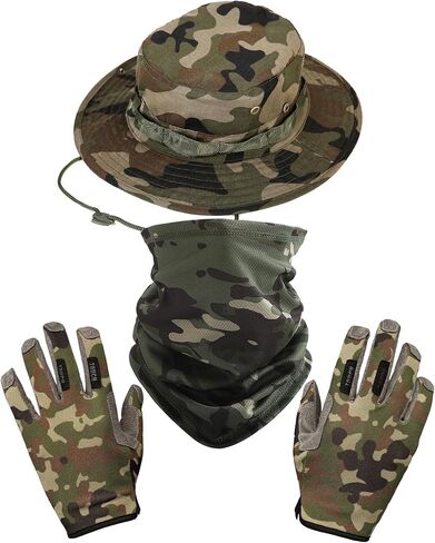 Boonie Hat with Gloves & Neck Gaiter, Men Women Camo Bucket Hats Wide Brim for Safari Military in Kuwait