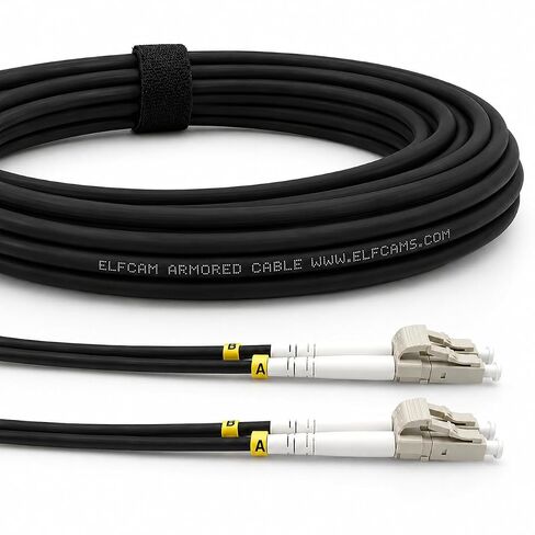 Elfcam® - 40m/131.2ft Outdoor and Indoor Shielded Armored Fiber Optic Cable LC/UPC to LC/UPC OM3 Multimode Duplex 50/125μm LSZH, Black (40M) in Kuwait