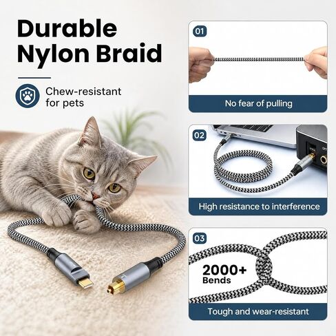 USB-C to Toslink Optical Audio Cable 6.6FT, Braided Type-C to SPDIF Digital Fiber Optic Cord with USB-A Adapter, Unidirectional Audio Out for PC, Laptop, PS5 to Soundbar in Kuwait