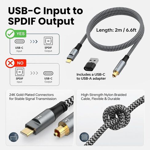 USB-C to Toslink Optical Audio Cable 6.6FT, Braided Type-C to SPDIF Digital Fiber Optic Cord with USB-A Adapter, Unidirectional Audio Out for PC, Laptop, PS5 to Soundbar in Kuwait