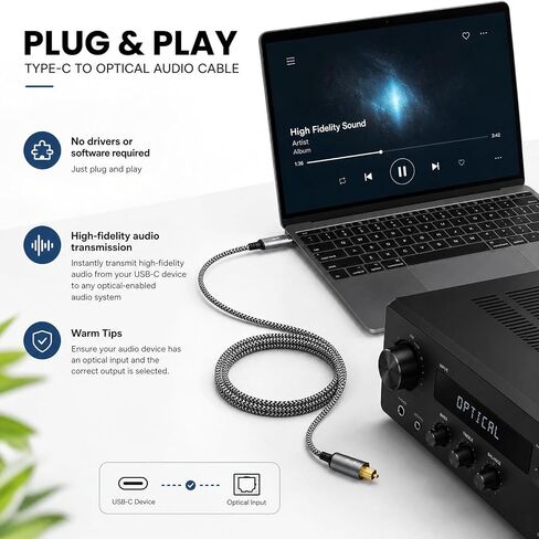 USB-C to Toslink Optical Audio Cable 6.6FT, Braided Type-C to SPDIF Digital Fiber Optic Cord with USB-A Adapter, Unidirectional Audio Out for PC, Laptop, PS5 to Soundbar in Kuwait