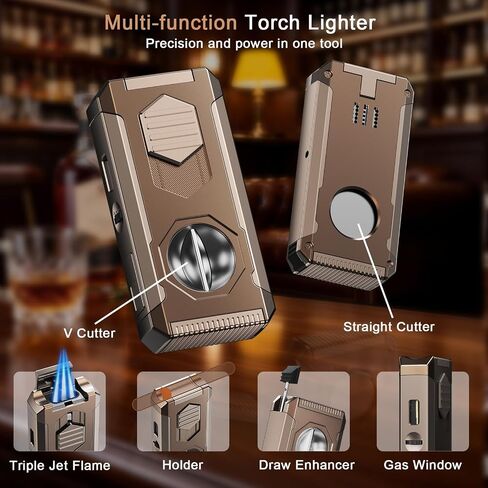5-in-1 Torch Lighter, Butane Lighter with Straight & V Cutter, Holder, Draw Enhancer Tool, Triple Windproof Flame, Refillable Butane Torch Lighter, Cool Lighters with Gift Box for Men, Travel, Candle in Kuwait