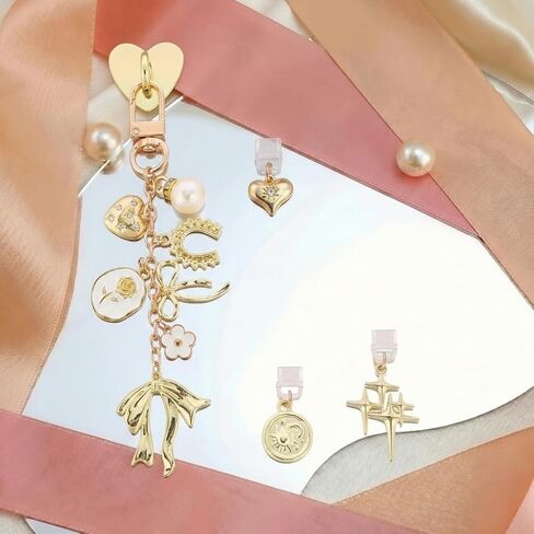 HOYDATE Gold Kindle Charm Chain with 3pcs Type-C Dust Plugs - Cute Bowknot & Heart E-Reader Decorating Accessories, Stylish Phone Charm Bracelet for Book Lovers & Women, Compatible with Kindle in Kuwait
