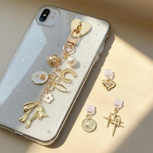 HOYDATE Gold Kindle Charm Chain with 3pcs Type-C Dust Plugs - Cute Bowknot & Heart E-Reader Decorating Accessories, Stylish Phone Charm Bracelet for Book Lovers & Women, Compatible with Kindle in Kuwait