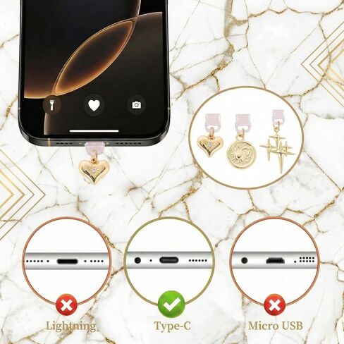 HOYDATE Gold Kindle Charm Chain with 3pcs Type-C Dust Plugs - Cute Bowknot & Heart E-Reader Decorating Accessories, Stylish Phone Charm Bracelet for Book Lovers & Women, Compatible with Kindle in Kuwait