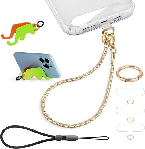 3 pcs Phone Charm with Gold Metal Chain Detachable Lanyard Hand Wrist Smartphone Strap Finger Grip Strap with 4 Patches Tether CellPhone Stand Holder Universal for iPhone 17 16 Pro Max Charms in Kuwait