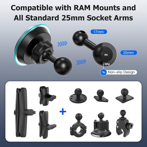 Magnetic Wireless Car Charging Phone Holder with 1-inch Ball Mount for Magsafe, Super Magnet & Anti-Slip 1" (25mm) Ball Mount Phone Holder Compatible with RAM Mounts Double Socket Arm in Kuwait