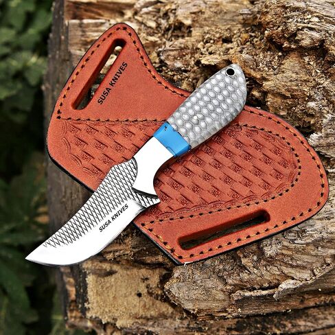 Custom Handmade 7'' fixed blade hoof rasp knife Cow boy knife Turquoise Handle Damascus steel Bull cutter, cowboy knives with pancake leather sheath (BONE) in Saudi Arabia