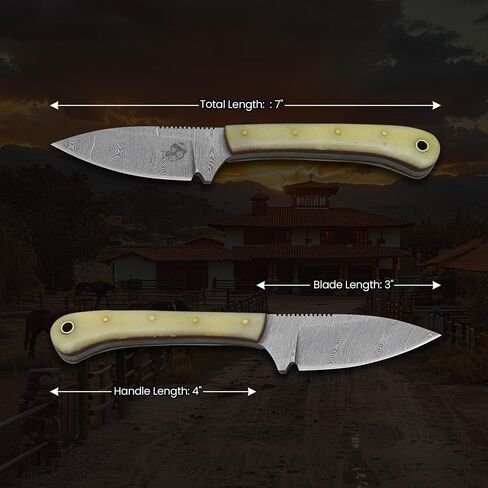 Knives Ranch Handmade EDC Hunting Knife – 7" Full Tang Damascus Steel Fixed Blade with Bone Handle – Horizontal Carry Cowboy Leather Sheath – Everyday Carry, Skinning and Bushcrafts in Saudi Arabia