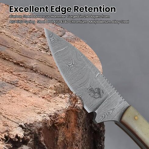 Knives Ranch Handmade EDC Hunting Knife – 7" Full Tang Damascus Steel Fixed Blade with Bone Handle – Horizontal Carry Cowboy Leather Sheath – Everyday Carry, Skinning and Bushcrafts in Saudi Arabia