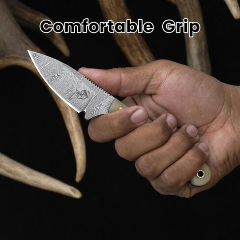Knives Ranch Handmade EDC Hunting Knife – 7" Full Tang Damascus Steel Fixed Blade with Bone Handle – Horizontal Carry Cowboy Leather Sheath – Everyday Carry, Skinning and Bushcrafts in Saudi Arabia