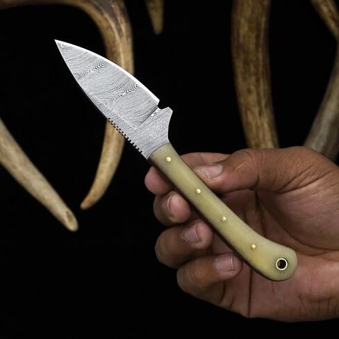 Knives Ranch Handmade EDC Hunting Knife – 7" Full Tang Damascus Steel Fixed Blade with Bone Handle – Horizontal Carry Cowboy Leather Sheath – Everyday Carry, Skinning and Bushcrafts in Saudi Arabia