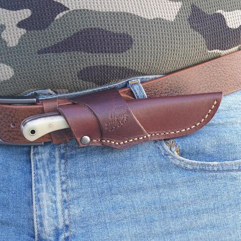 Knives Ranch Handmade EDC Hunting Knife – 7" Full Tang Damascus Steel Fixed Blade with Bone Handle – Horizontal Carry Cowboy Leather Sheath – Everyday Carry, Skinning and Bushcrafts in Saudi Arabia