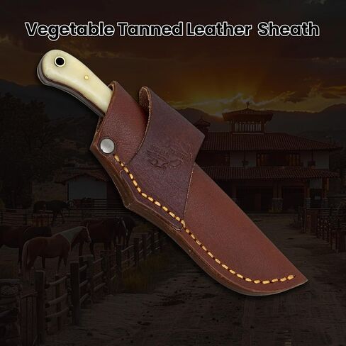 Knives Ranch Handmade EDC Hunting Knife – 7" Full Tang Damascus Steel Fixed Blade with Bone Handle – Horizontal Carry Cowboy Leather Sheath – Everyday Carry, Skinning and Bushcrafts in Saudi Arabia