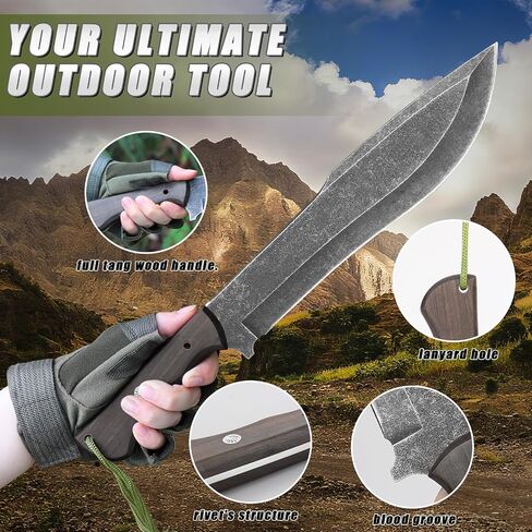 Fixed Blade Hunting Knife with Sheath for Men,Full Tang Outdoor Survival Sharp Bushcraft Knives For Camping,Hiking,15.75" Yard Work Machete for Cutting Trees Heavy Duty in Saudi Arabia