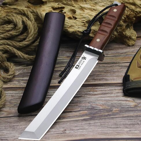 WPKOPYA Japanese Fixed Blade Knife - Tanto Knives & Wooden Sheath - Survival Knives with Full Tang Handle - Bushcraft knives for Camping Outdoor, Gifts for both men and women in Kuwait