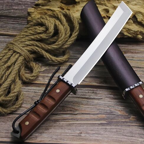 WPKOPYA Japanese Fixed Blade Knife - Tanto Knives & Wooden Sheath - Survival Knives with Full Tang Handle - Bushcraft knives for Camping Outdoor, Gifts for both men and women in Kuwait