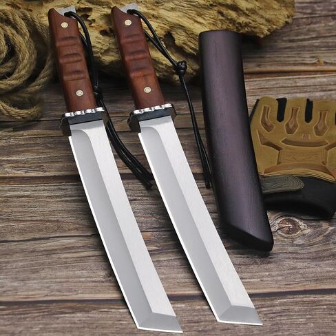 WPKOPYA Japanese Fixed Blade Knife - Tanto Knives & Wooden Sheath - Survival Knives with Full Tang Handle - Bushcraft knives for Camping Outdoor, Gifts for both men and women in Kuwait