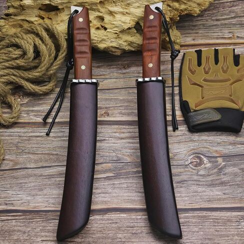 WPKOPYA Japanese Fixed Blade Knife - Tanto Knives & Wooden Sheath - Survival Knives with Full Tang Handle - Bushcraft knives for Camping Outdoor, Gifts for both men and women in Kuwait