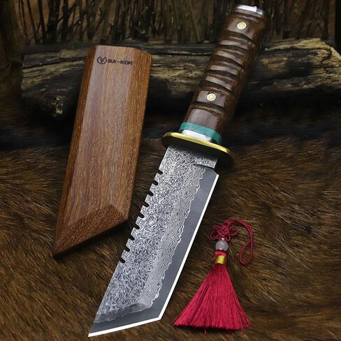 BA-KOR （11IN）66-Layer Damascus Steel Full Tang Hunting Knife, 3mm Thick G10 Core Blade with Rosewood Handle & Sheath, Razor Sharp Triple Water-Cooled Edge Outdoor Knife for Camping, Bushcraft & Survival in Kuwait