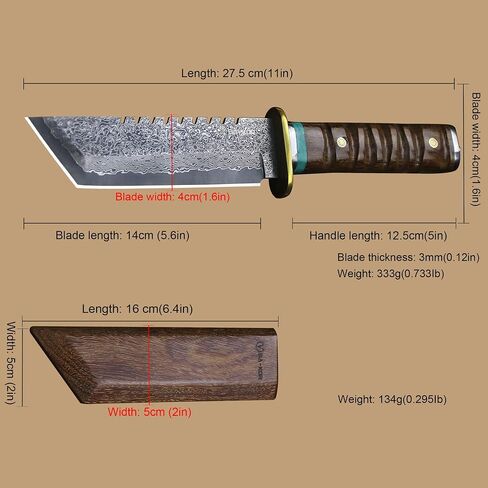 BA-KOR （11IN）66-Layer Damascus Steel Full Tang Hunting Knife, 3mm Thick G10 Core Blade with Rosewood Handle & Sheath, Razor Sharp Triple Water-Cooled Edge Outdoor Knife for Camping, Bushcraft & Survival in Kuwait