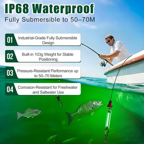 Super Bright Underwater Green Fishing Light, LED Green Light for Fishing, 12W 1300 Lumens IP68 Rated Submersible Light Attractants for Docks, Boats, Kayaks in Saudi Arabia