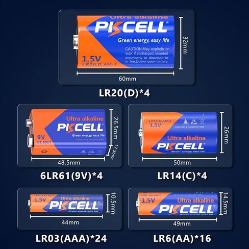 PKCELL 52 Counts Alkaline Battery Variety Pack, Mixed Assorted Battery Set in Saudi Arabia