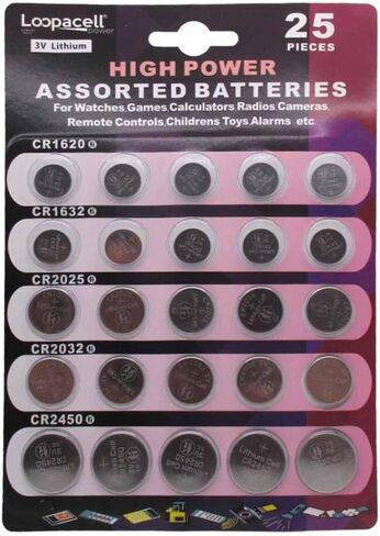 Loopacell High Power Button Cell 3V Lithium Assorted Battery CR2032 CR2025 CR2450 CR1620 CR1632, 25 Piece Set in Kuwait