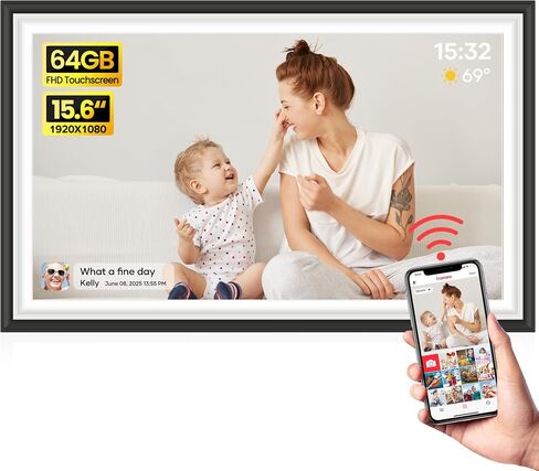 64GB Frameo 15.6" Digital Picture Frame Large WiFi Electronic Photo Frames 1920 x 1080 IPS FHD Touch Screen Share Moments Instantly Anywhere Best Gift for Parents and Grandparents Black with White in Saudi Arabia