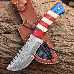 Damascus Steel Fixed Blade Tracker Hunting Knife With Horizontal and Scout Carry Leather Sheath - Full Tang Tactical Survival Bushcraft Knives for Men - American USA TX Flag Handle Knife for Camping in Kuwait