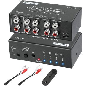 RCA 4-Way Bi-Directional Audio Switcher Splitter, 1 in 4 Out / 4 in 1 Out Stereo L/R Sound Channel Audio Switch Selector Splitter Box with Remote Control for Speakers Headphones Amps (Black) in Saudi Arabia