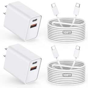 10FT iPhone 17/16e Fast Charger,2Pack 20W Dual Port USB C+A Power Adapter 10Foot Long USB C to C Fast Charging Cable Cord Quick Charging for iPhone 17 Air/17 Pro/17 Pro Max/16/16 Pro/15/15 Pro/Pro Max in Kuwait