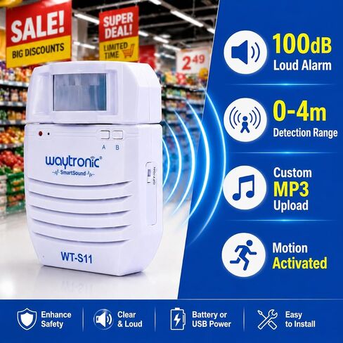 Waytronic PIR Infrared Motion Sensor Activated Sound Player Loudspeaker with Recordable Audio Alarm Motion Detector for Door Greeter Welcome Guests Entry Alert And Sales Advertising in Kuwait