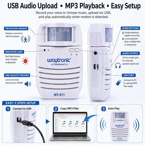 Waytronic PIR Infrared Motion Sensor Activated Sound Player Loudspeaker with Recordable Audio Alarm Motion Detector for Door Greeter Welcome Guests Entry Alert And Sales Advertising in Kuwait