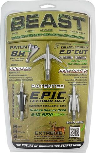 Bowmar Archery Beast Titanium Broadheads, World's Fastest Deploying Broadhead, Patented Technology, Sharpest Penetrating Machanicals, 2 Pack Plus Practice Tip (125 Grain (2.0" Cut)) in Kuwait