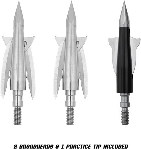 Bowmar Archery Beast Titanium Broadheads, World's Fastest Deploying Broadhead, Patented Technology, Sharpest Penetrating Machanicals, 2 Pack Plus Practice Tip (125 Grain (2.0" Cut)) in Kuwait