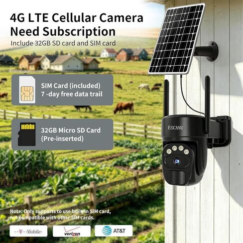 ESCANU 4G LTE Cellular Trail Camera,360° Live Streaming Solar Camera with SD Card & SIM Card,No WiFi Needed,2k Night Vision,PIR Motion Detection for Hunting/Outdoor Security in Kuwait