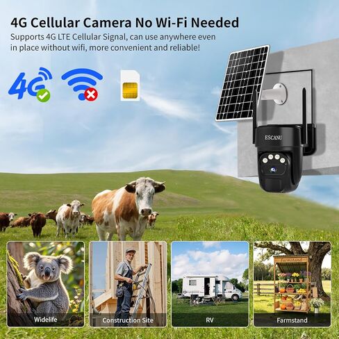 ESCANU 4G LTE Cellular Trail Camera,360° Live Streaming Solar Camera with SD Card & SIM Card,No WiFi Needed,2k Night Vision,PIR Motion Detection for Hunting/Outdoor Security in Kuwait