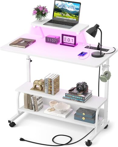 Height Adjustable Standing Desk with Power Outlets and LED Lights - 32" Manual Stand Up Desk with Monitor Stand and Storage Shelves Small Mobile Rolling Computer Desk Portable Laptop Table, Black in Kuwait
