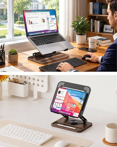 SupeDesk Adjustable Laptop Stand with 360° Rotating Base, Ergonomic Laptop Riser for Desk, Ventilated Notebook Stand with Storage Tray, Wood Base & Silicone Pads for Laptops, Tablets & Books in Kuwait