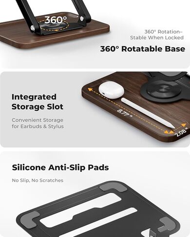 SupeDesk Adjustable Laptop Stand with 360° Rotating Base, Ergonomic Laptop Riser for Desk, Ventilated Notebook Stand with Storage Tray, Wood Base & Silicone Pads for Laptops, Tablets & Books in Kuwait