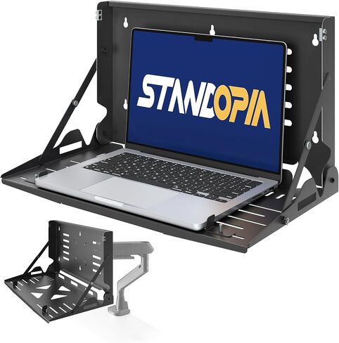 Flip Down Laptop Tray Holder - Fits 13-17 Inch Laptops, Wall Mount or VESA Compatible Folding Laptop Shelf, Space Saving Floating Workstation Tray, Heavy Duty Steel Support up to 22 lbs, Black in Kuwait