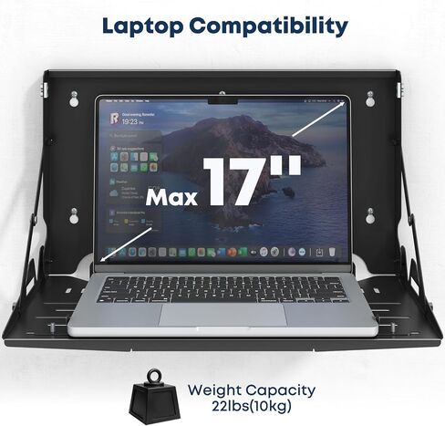 Flip Down Laptop Tray Holder - Fits 13-17 Inch Laptops, Wall Mount or VESA Compatible Folding Laptop Shelf, Space Saving Floating Workstation Tray, Heavy Duty Steel Support up to 22 lbs, Black in Kuwait