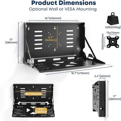 Flip Down Laptop Tray Holder - Fits 13-17 Inch Laptops, Wall Mount or VESA Compatible Folding Laptop Shelf, Space Saving Floating Workstation Tray, Heavy Duty Steel Support up to 22 lbs, Black in Kuwait