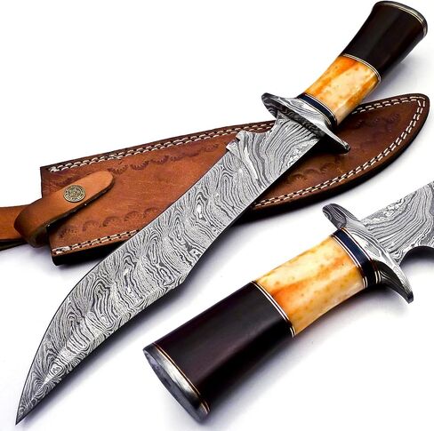 BK-40 Handmade Damascus Steel 15 Inches Bowie Knife - Beautiful Rose Wood Bone & Bull Horn Handle With Scabbard in Kuwait