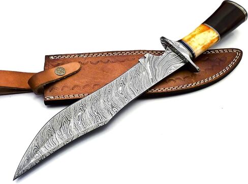 BK-40 Handmade Damascus Steel 15 Inches Bowie Knife - Beautiful Rose Wood Bone & Bull Horn Handle With Scabbard in Kuwait