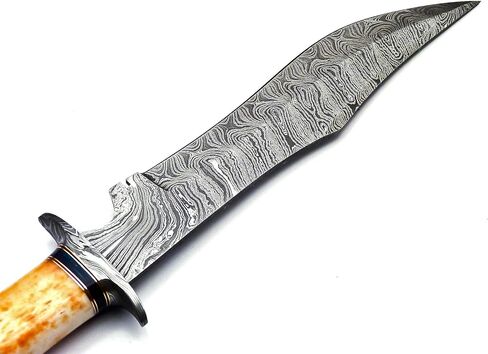 BK-40 Handmade Damascus Steel 15 Inches Bowie Knife - Beautiful Rose Wood Bone & Bull Horn Handle With Scabbard in Kuwait