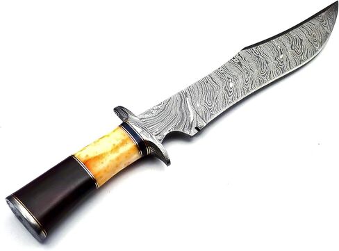 BK-40 Handmade Damascus Steel 15 Inches Bowie Knife - Beautiful Rose Wood Bone & Bull Horn Handle With Scabbard in Kuwait